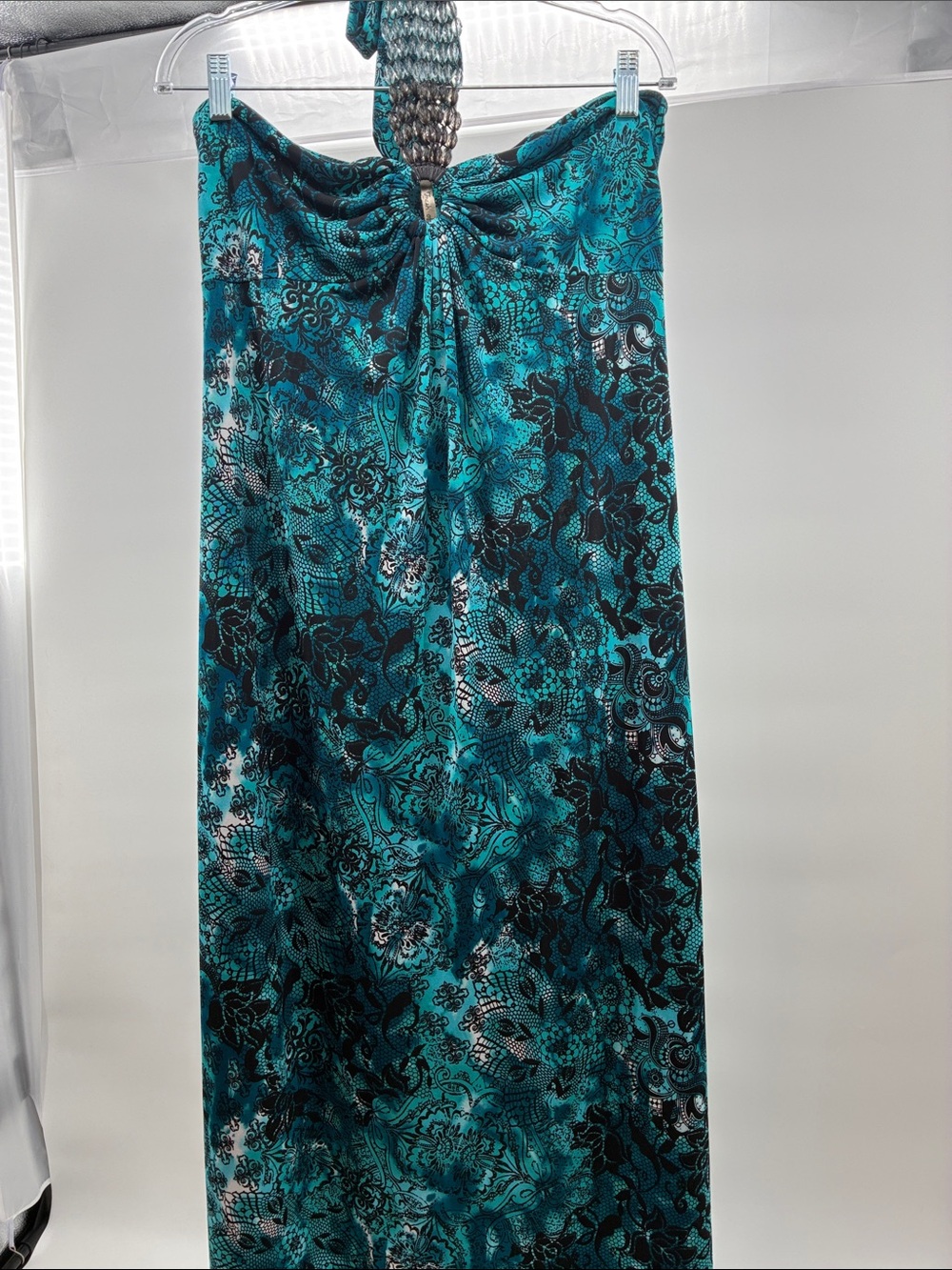 Teal Floral Halter Maxi Dress with Black Accent